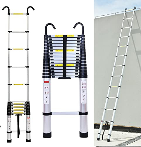 Scala telescopica in alluminio, 6,2 m, con 2 ganci, antiscivolo, allungabile, da appoggio, per interni ed esterni, 150 kg di portata, EN131