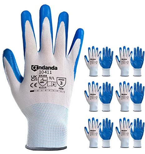 ANDANDA Arbeitshandschuhe, Arbeitshandschuhe Herren mit Nitril Beschichtung，Gartenhandschuhe damen für Montagearbeit，Mechaniker, Gartenarbeit und Bauarbeiten,Gr. M, 6 Paar