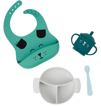 Babymoov Baby Geschirrset LEARN'ISY Fuchs - 4er Set aus Silikon, Trinklernbecher, Baby Lätzchen, Babylöffel, Teller mit Saugnapf, ab 15 Monaten