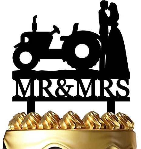 Funny Wedding Cake Topper - Groom and Bride Kissing Beside The Tractor - Farmer Wedding Cake Topper, Southern Style Wedding Cake Topper (Tractor)