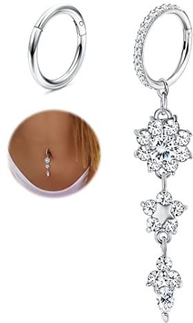 THUNARAZ 2Pcs Belly Button Rings for Women Surgical Stainless Steel Clicker Belly Rings Hoop CZ Heart Butterfly Dangle Navel Rings Belly Piercing Jewelry Silver Tone 14G