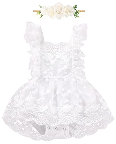 Anniversaire Bebe Fille 1 An Ensemble Naissance Dentelle Tulle Robe de Baptême Bébé Tenue Body 1 Ans Anniversaire Deguisement Princesse Costume Accessoire Photo 1st Birthday Dress Blanc 0-3 Mois