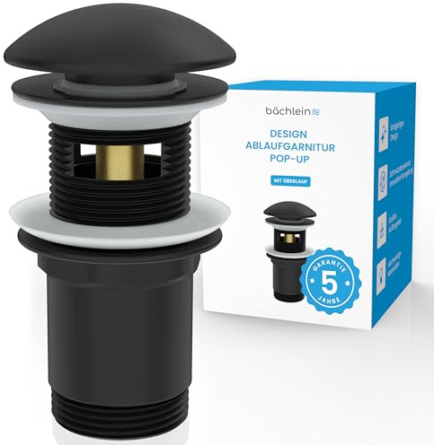 Bächlein Design Ablaufgarnitur mit Überlauf (Matt Schwarz) - Pop Up Ventil aus Messing mit innovativer Kappenform gegen Wasserflecken Kalkränder