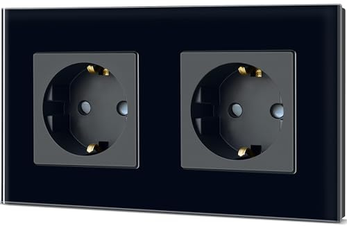 TAWOIA Schuko Steckdose, EU-Standard 2 Fach Glas Unterputz Steckdose 16Amp 250 V, Wandsteckdose mit Kristallglasplatte Schwarz 86×157mm