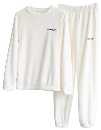 ORANDESIGNE Pigiami Due Pezzi da Donna Pigiama di Pile Morbido Pigiama Set Invernale con Felpa e Pantalone D Bianco, L