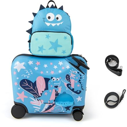 COSTWAY Valigia Cavalcabile per Bambini, 18 Valigia+ 12 Zaino,2 Pezzi, Trolley Bambini Bagaglio a Mano con Ruote Girevoli e Maniglia Retrattile, 2 Cingie Multiuso (Modello 8)