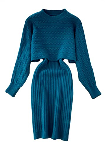 shownicer Damen Strickkleid Zweiteiliger Anzug Pullover Oberteil und Kleid Bodycon 2 Stück Set Sweater Midikleid Pullikleid Gestrickt Kleid Set