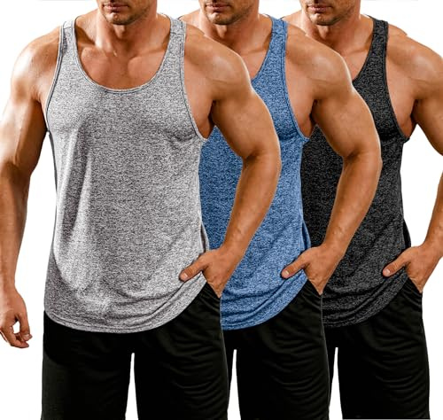 COOFANDY Herr linne träning Y-back sommar gym fitness snabbtorkande bodybuilding armhåla ärmlösa muskelskjortor män, Svart/ljusgrå/marinblå, S