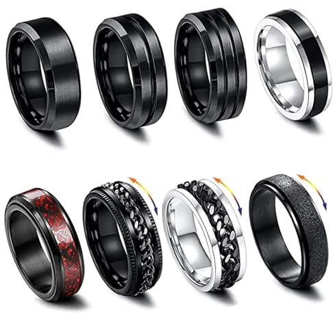 Hernin 8 Stück Edelstahl Fidget Ring Spinner Ring, Männer Edelstahl Spinner Ringe, Rostfreier Stahl Spinnerringe Set für Männer Frauen, Coole Schwarze Ringe Set (62（10）)