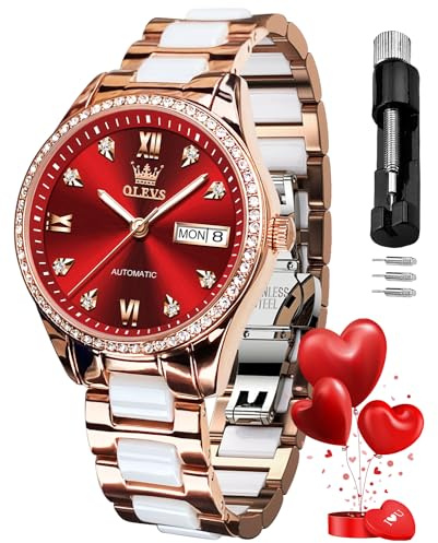 OLEVS Automatikuhren für Damen, Diamant-Mode, elegantes Kleid, mechanisch, selbstaufziehend, Datum, Damen-Armbanduhr, luxuriös, rotgold, zweifarbig, Keramikuhr, wasserdicht, leuchtend, Rot/Ausflug