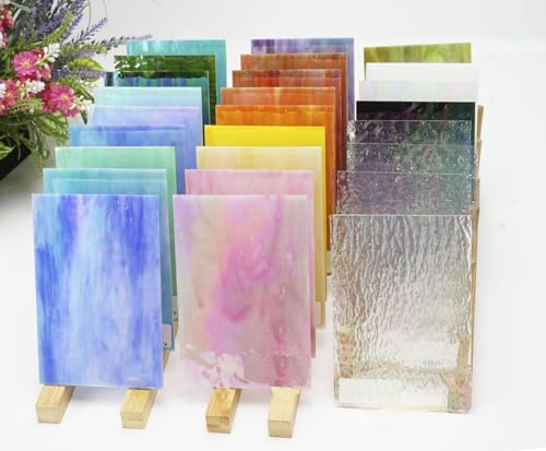 Lanyani Glitzernde, schillernde Buntglasplatten, Sortimentspackung, undurchsichtig, schimmernd, Kunstglasscheiben für Mosaik, DIY, Glashandwerk, 10,2 x 15,2 cm, 26 Bögen