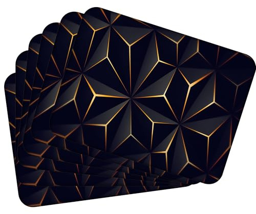 MG Design Set aus 6 Kork-Platzsets – Low Pololy Black and Gold – 30 x 40 cm – hitzebeständig & abwischbar, mit Korkrückseite