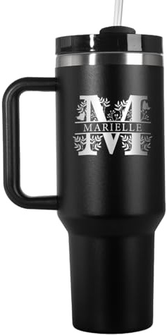 Großer Trinkbecher mit Strohhalm Personalisiert | 1200ml Thermobecher mit Deckel und Strohhalm | Trinkflasche mit Gravur | Spülmaschinenfest | Ostergeschenke für Frauen | Schwarz Monogramm