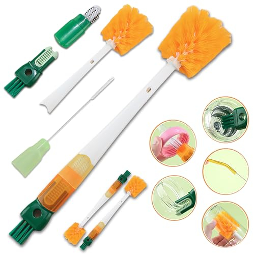 2 Stuck 5-in-1 Flaschenbürste, Lange Griff Milchflaschenbürste mit 5 Bürstenköpfen, Reinigungsbürste für Babyflaschen, Weinflaschen, Thermosflaschen, Becher, Strohhalme, Bierflaschen (2er Pack)