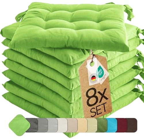etérea Basic Sitzkissen 40x40 cm 8er Set mit Bändern Apfelgrün | Mit Bändern · Fest gepolstert · Indoor & Outdoor · 30°C waschbar · 55% Baumwolle, 45% Polyester · OEKO-TEX Made in Green