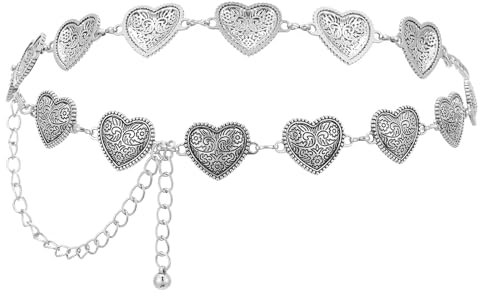 AOZUO Damen Concho Kettengürtel, Kettengürtel Für Damen Gürtel Taillengürtel Western Herzkettengürtel Silberener Gürtel Waist Chain Gürtel Sliber Herzform Taillenkette Silber für Kleid (Silber)