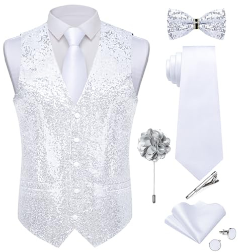 DiBanGu Herren-Pailletten-Weste und Krawatte, einfarbig, V-Ausschnitt, glänzende Weste, Fliege mit Einstecktuch, für Abschlussball, Party, Smoking, Weiss/opulenter Garten, Small