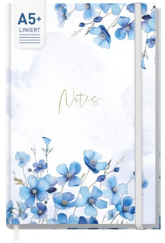 Häfft paper&you® Notizbuch A5+ liniert Journal Blue Blossoms | Notebook mit 156 linierten Seiten und Gummiband, 100g/m² Papier - als Tagebuch, für Notizen und kreative Listen