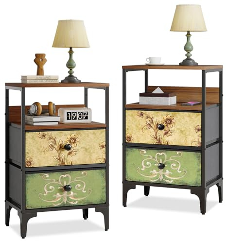 LYNCOHOME Bedside Tables set of 2,Bed Side Table for Bedroom, Nightstand with 2 Storage Fabric Drawers and Metal Frame for Bedroom,Living Room