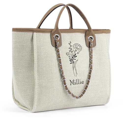 Presentimental Personalisierte Frauen Tragetasche mit Namen Geburtstag Blume große Einkaufstasche mit Reißverschluss Canvas Strandtasche Geschenk für Frauen Mutter Frau Freunde (braun)