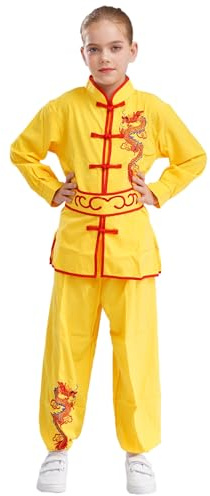 Yeahdor Kids Boys Girls Kungfu Suit Dragon Embroidery Tai Chi Martial Art Uniform Long Sleeve Shirt Pants Set Yellow 7-8 Years