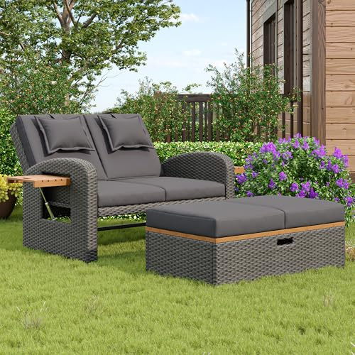 TIZZ Garten-Lounge-Sessel-Set für 2 Personen, Stützfuß, verstellbare Rückenlehne, graues Rattan, mit Fußhocker oder als Outdoor-Bett nutzbar, mit Rückenkissen und Sitzkissen (Grau)