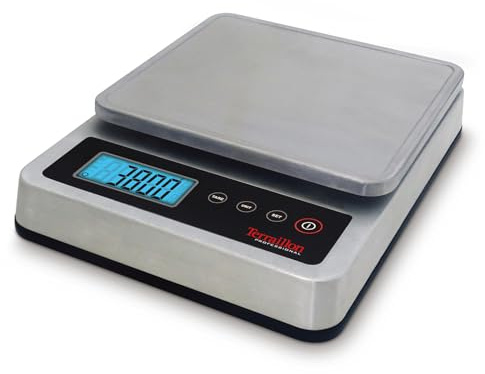 TERRAILLON - PRO 10 - Balance de cuisine électronique professionnelle, Large plateau amovible Inox 29 x 18 cm, IP67, capacité 10 kg, graduation 1 g, Ecran LED Rétroéclairé - Inox