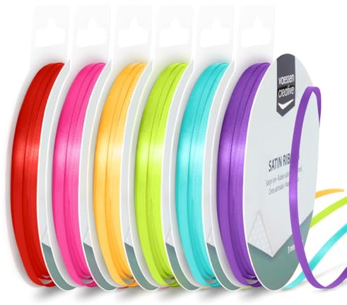 Vaessen Creative Satinband 3 mm x 10 m - Doppelseitiger Schleifenbänder und Dekoband zum Basteln - Geschenkband und Stoffbänder für Deko und Schateln - Regenbogen Farben Bunt - 6 Stück