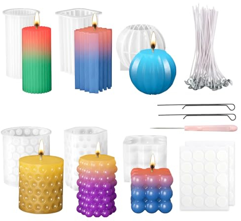 HMIEPRS 6Pcs Silicone Candle Moulds for Candle Making | Pillar Candle Molds Set With 100Pcs Candle Wicks, Epoxy Resin Mould for 3D Candles Scented Soap DIY Crafts