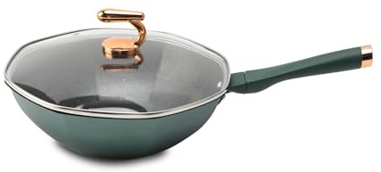 Tevimpeya Octagonal Nonstick Wok Pan 34cm Featuring Glass Cover Suitable for Stir Frying Boiling Stewing