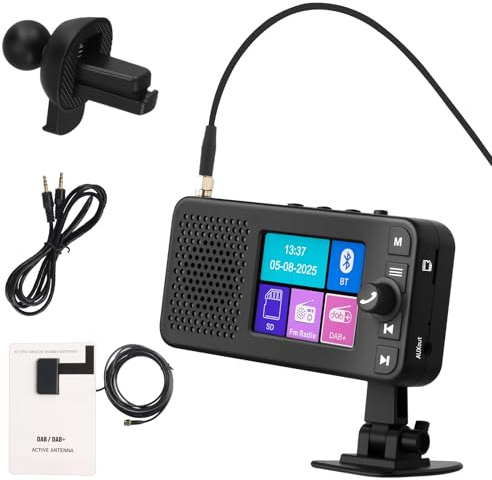 DAB Adapter Auto mit 2,4 Zoll Farbdisplay wiederaufladbarem Akku, FM-Transmitter und Bluetooth, AUX-Ausgang und TF-Kartenunterstützung, eingebautem Lautsprecher