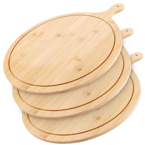 LOLYSIC 3 Stück Pizzateller Holz, Groß Pizzabrett rund mit Griff, Pizzateller 33cm, Schneidebrett Rund, Pizza Bambusbrett Schneidebrett Pizza Holzbrett für Westliches Essen, Küche, Hotel, Restaurant