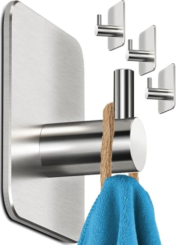 N&S R/EL Handtuchhaken ohne Bohren 4er Set – Selbstklebend Edelstahl 304, Stark 6 kg & mehr, Rostfrei & Wasserfest, Wandhaken Handtuchhalter für Bad & Küche, Silber