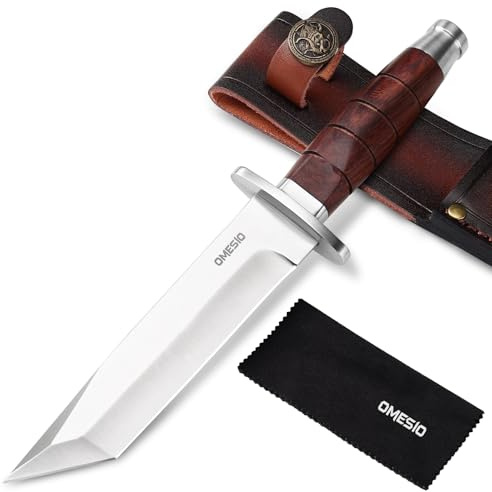 Omesio Tanto Outdoor Knife – Jaktkniv Med Ett 15,5 Cm LåNgt Blad I Rostfritt StåL 5cr14mov – TräHandtag och LäDerslida – öVerlevnadskniv, LäMplig FöR Camping och öVerlevnadsträNing I Djungeln