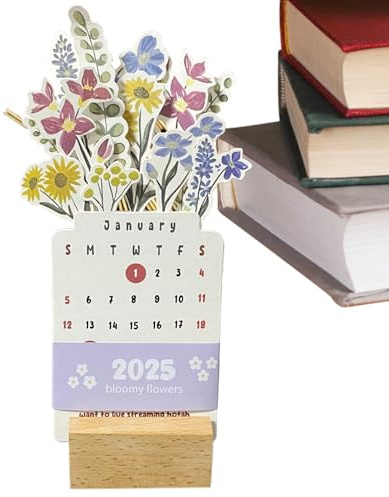 Kalenderplanering, blommig bordskalender – med träbas kalender, 2025 kreativ kalender, bordskalender, avtagbar för hemmet