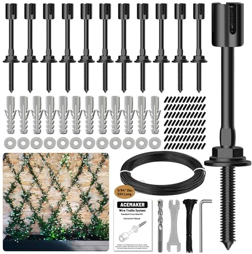 Acemaker Set di 12 graticci in filo nero da 2 mm per piante rampicanti all'aperto con cavo rivestito in vinile da 16,2 m, kit di tralicci da parete in acciaio inossidabile T316