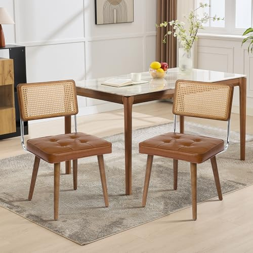 AffinityFurn Mid-Century Rattan Dining Chairs Set of 2, Boho Modern Leather Dining Chair Upholstered Armless Kitchen Side Chairs with Metal Frame & Wood Legs for Restaurant & Home, Brown