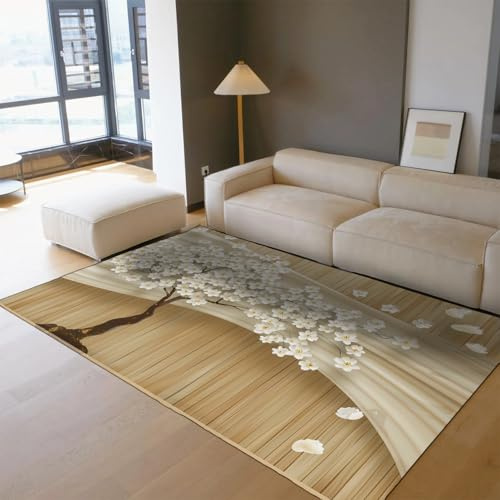 WEECHAINGE Alfombras japonesas 100x150cm Sala de Estar Dormitorio Grande Alfombra Minimalista Suave de Pelo bajo Junto a la Cama Lavable a máquina Árbol de Flor de Cerezo para decoración del hogar