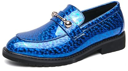 Herrloafers i lackläder med glittriga detaljer, formella affärsskor, vardagsskor i Oxford-stil for bröllop, bankett, fest, kontorsevenemang(Blue,44 EU)