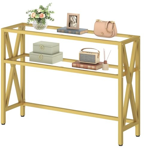 HOOBRO Konsolentisch, Beistelltisch, Sofatisch mit 2 offenen Ablagen, Eingangstisch mit X-förmigem Gestell, Couchtisch für Eingangsbereich, Diele, Flur und Wohnzimmer, Gold EGD122XG01