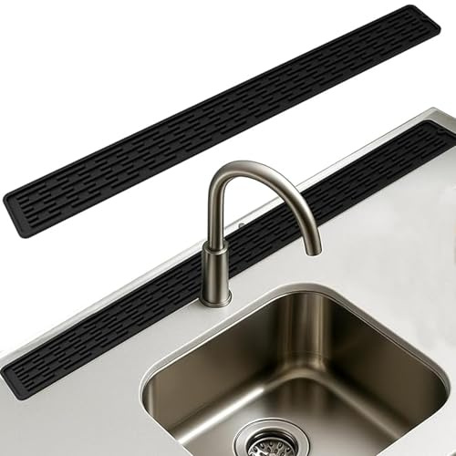SANTUO Silicone Sink Splash Guard, Long Kitchen Faucet Mat & Drainer 80cm Narrow Sink Protector Mat Anti-Splash Tap Mat for Dripping Water Keeps Countertop Dry (Black)