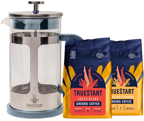 TRUESTART Cafetiere & Coffee Set, 1L Grey Cafetiere, 2x Ground Coffee