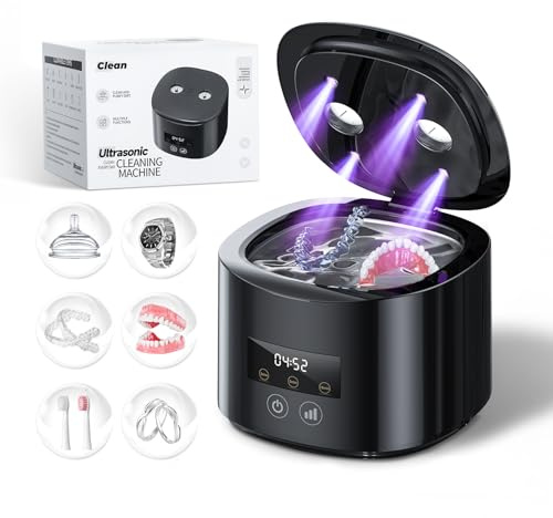 Ultrasonic Retainer Cleaner Machine, 50kHz Dental Cleaning Pod for Night Guards, Braces, Aligners, Toothbrushes, Mouth Guards, Jewelry, 340ml Rechargeable Ultrasonic Denture Cleaner with Digital Timer