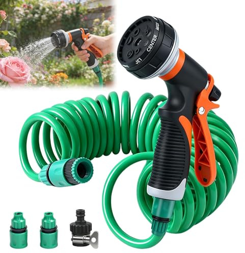 Weciau Spiral trädgårdsvattenslang, trädgårdsslang spiral med 5 funktioner spruta, utdragbar bevattningsslang, spiralslang bevattning för trädgårdsarbete, biltvätt