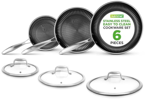 NutriChef 6-Piece Stainless Steel Frying Pan Set with Lids - Triply Kitchenware Pans Set Kitchen Cookware w/DAKIN Etching Non-Stick Coating - Small, Medium, & Large Pan with Lid - NC3PFRY3