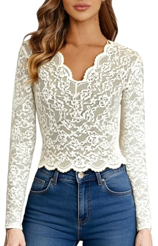 Blusa Transparente Mujer Encaje Blusas Ropa Rejilla Salir Noche Camiseta Camisa Elegante Ajustada Top Manga Larga Suave Sexy Camisetas Fiesta Cómodo