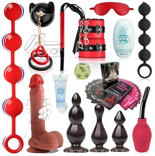 Butt Plug Anal Beads Sex Toys Set for Men & Couples, BDSM Handcuffs with Silicone Dildo, 3 Size Anal Plugs Training, Extra Long Anal Beads, BDSM Accessories Kit