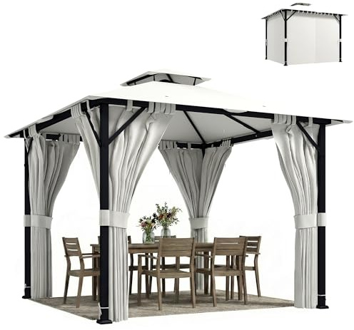 Outsunny Tonnelle de Jardin Extérieur 3x3m Pavillon de Jardin, Structure Robuste en Métal, Toit Double, Barnum avec Rideaux, Crochets de Plafond, Anti-UV UPF50+, pour Fête et Terrasse, Crème