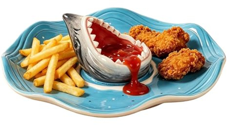 Streysisl Shark Sushi Plate | Hand-Painted Ceramic Seafood Dish | Oceans Themed Condiment Dish | for Fish Taco Octopus Shrimp Sardine Burger Cheeseburger Cheese Sauce Snack Popcorn Food