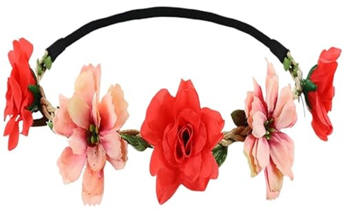 Blomkrona blomkrans 1 st kvinnor rosa ros flickor girlang huvudbonad med justerbart band brud bröllopstillbehör för sommar, bröllop (typ 1-röd)